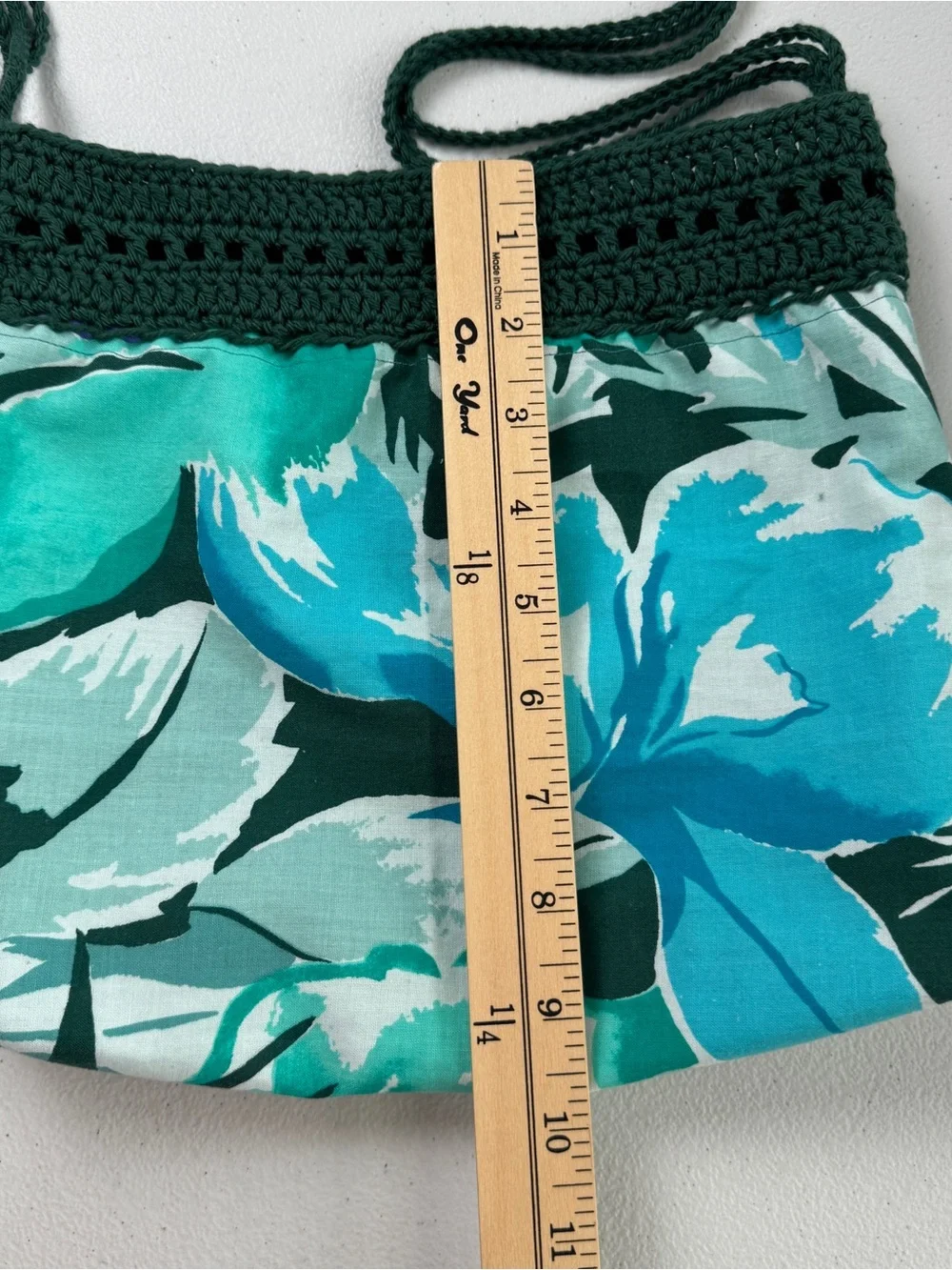 Handmade Crochet Fabric Shoulder Bag Boho Tropical Leaf Print Dark Green